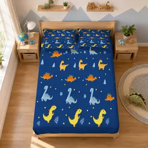 Watercolor Cartoon Dinosaur Fitted Sheet Set, 3 Pcs (1 Fitted Sheet + 2 Pillowcases, No Inserts). Deep Pocket, Soft and Breathable Bedding, for Master Bedrooms and Guest Rooms. Perfect Gift for Home Renovation, Housewarming and Dinosaur Lovers