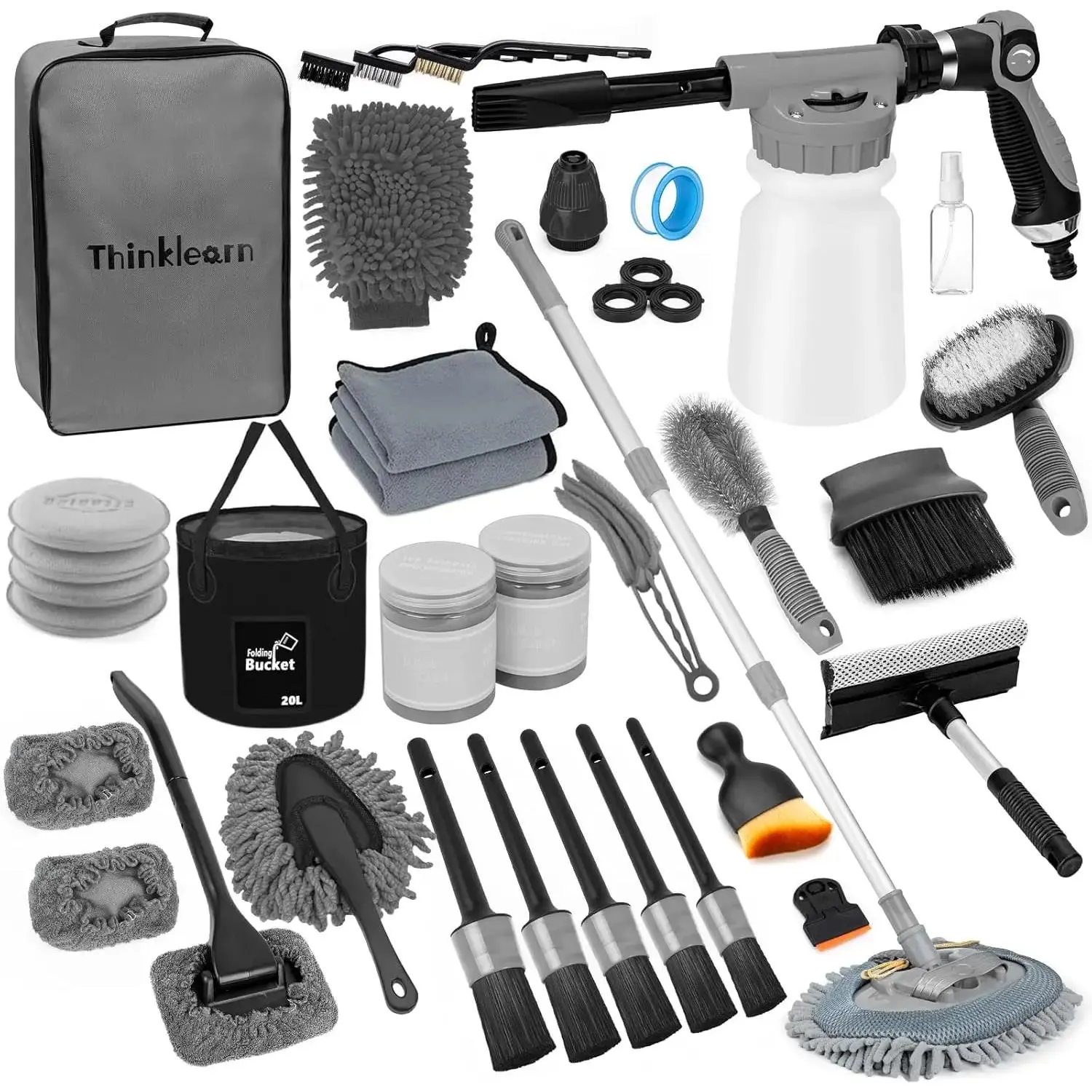 [DealsForYou] THINKLEARN Car Wash Detailing Kit with Foam Gun, Car Cleaning Kit Set,Car Wash Brush with Long Handle, Large Folding Bucket for Interior Exterior Car Wash Supplies, Car Gift Set Gray