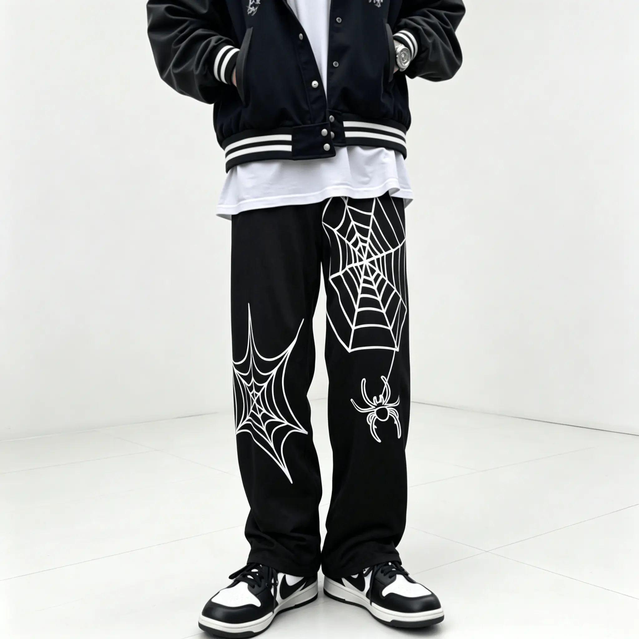 Men's Gothic Spider Web Print Wide Leg Polyester Pants for Teen Boys with Drawstring, All Seasons Wear, Machine Washable, Graphic, Mid Waist, Gothic Look, Elastic Drawcord, Casual, Cold Wash, Normal Type, Loose-Fitting, Streetwear, Soft, Stylish, Sweatpan