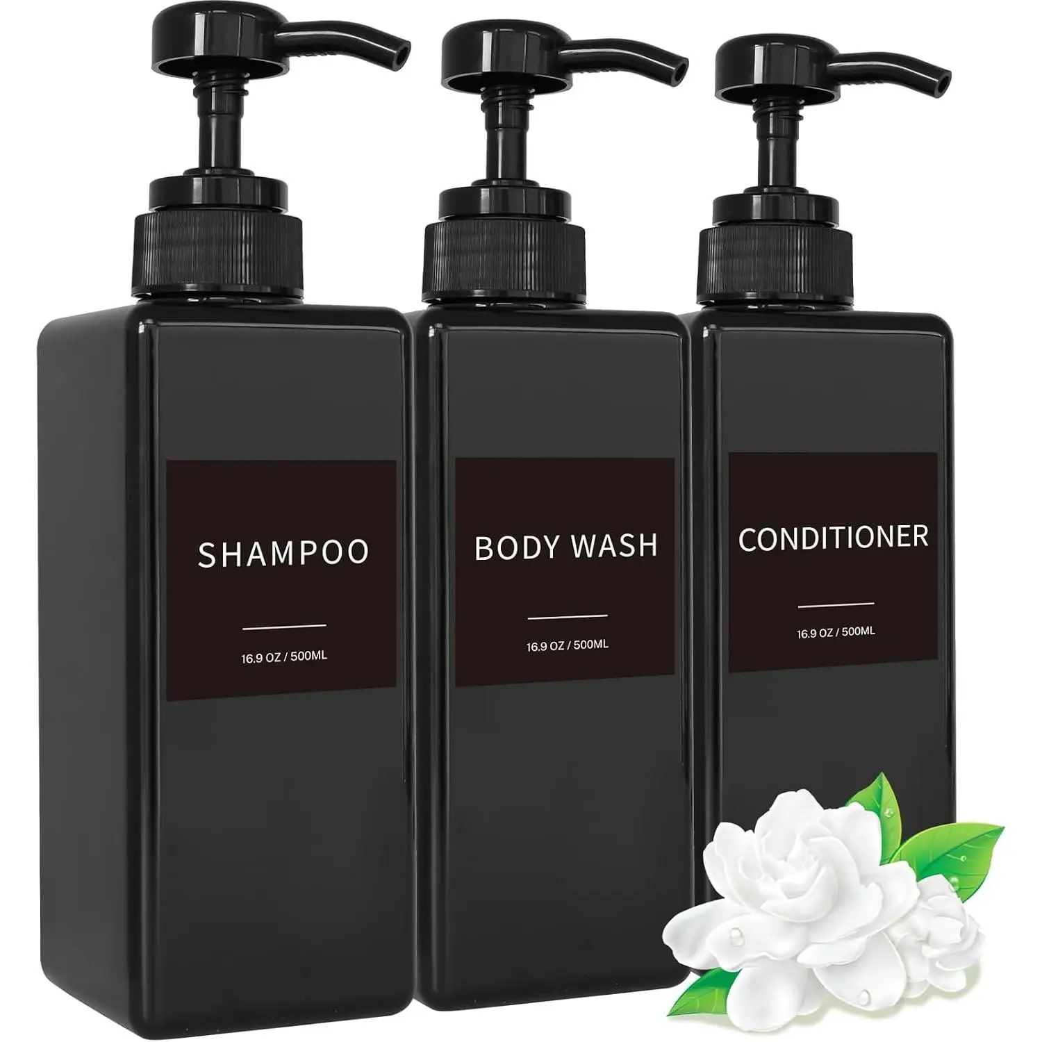 Shampoo and Conditioner Dispenser, Refillable Plastic Shampoo Pump Bottles with  Labels, Empty  Wash Dispenser Set for Bathroom, Shower Soap Bottles (Black, Set of 3, 16.9oz)