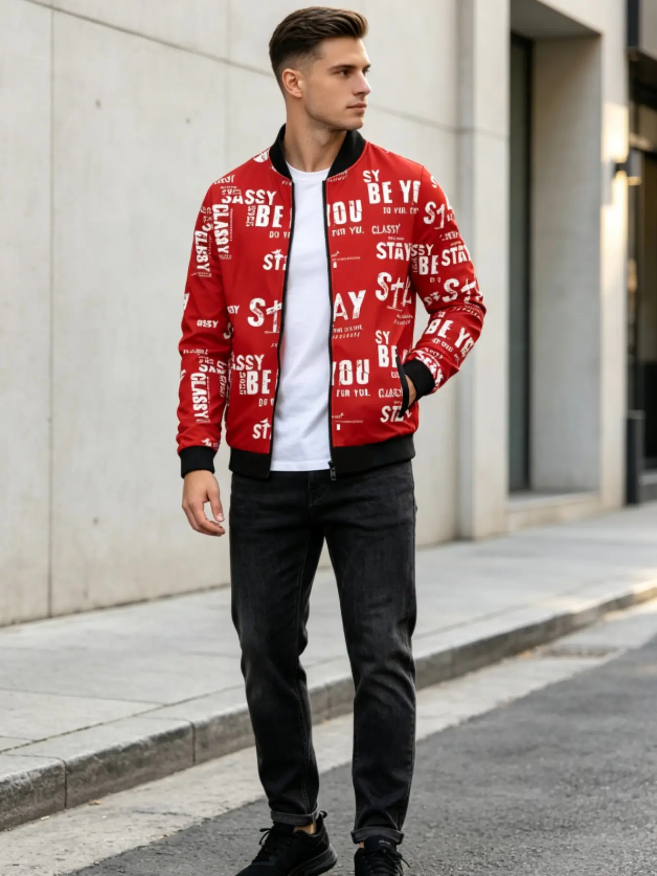 Men's Full Letter Print Baseball Jacket, Ribbed Neck Zipper Windproof Top, Vintage Text Pattern, Casual Streetwear Spring Fall