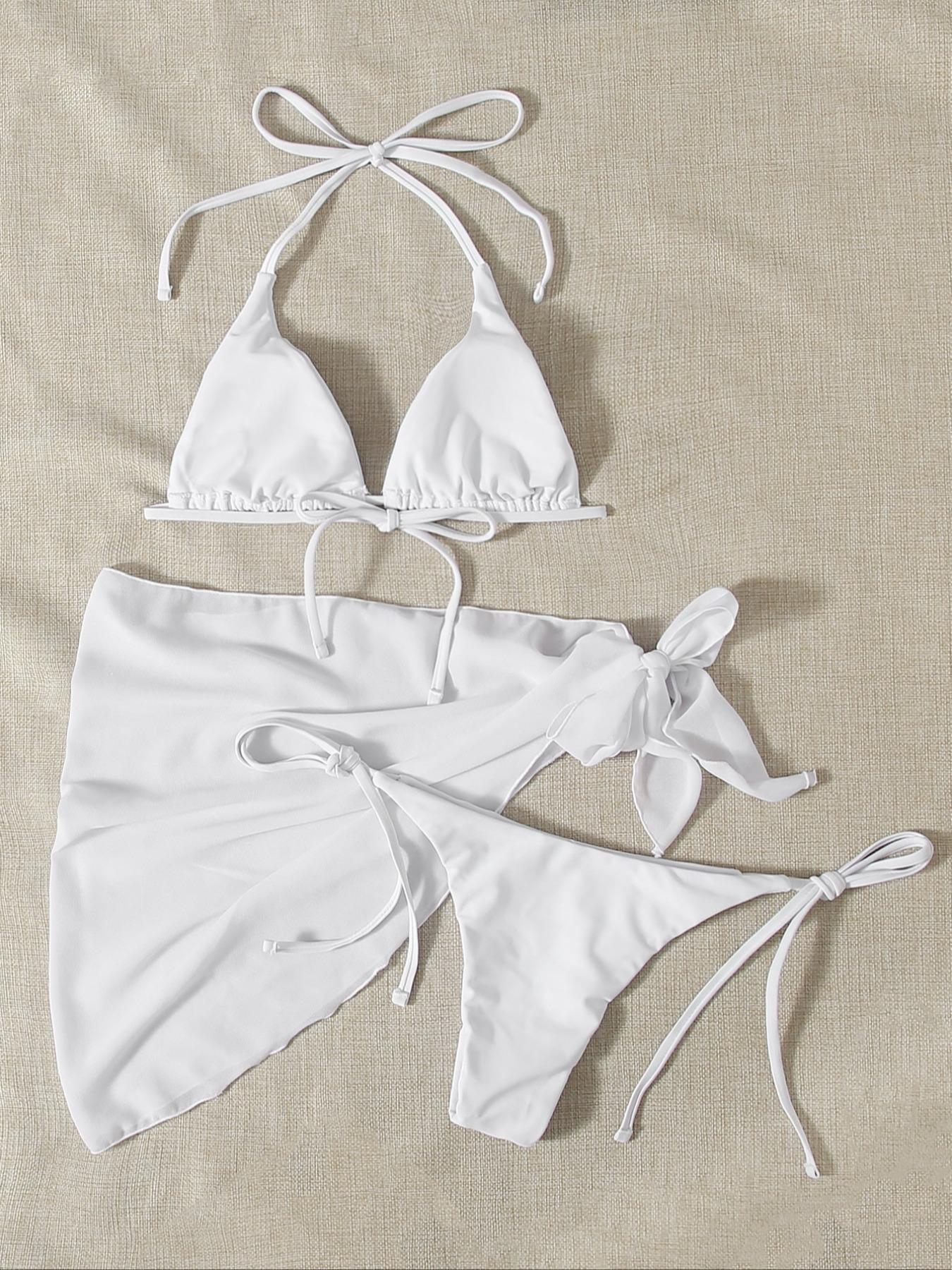 Three-Piece Set Women's Solid Bikinis Set,  Casual Padded Triangle Halter Swim Top & Tie Side Swim Bottom & Cover Up Skirt Set for Beach Holiday Vacation, Summer Outfits 2026, Plain Bikini Set