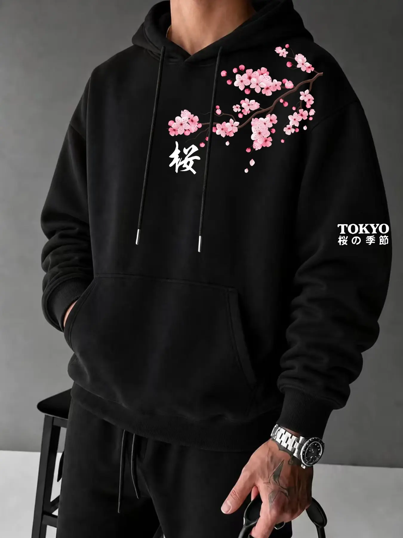 Men Drawstring Pullover Hoodie with Cherry Blossom & Japanese Letter Print, Kangaroo Pocket Long Sleeve Sweatshirt, Loose Casual Streetwear Top for Daily Outfits, Outdoor Activities and Trendy Matching#CherryBlossomHoodie #JapaneseStreetwear