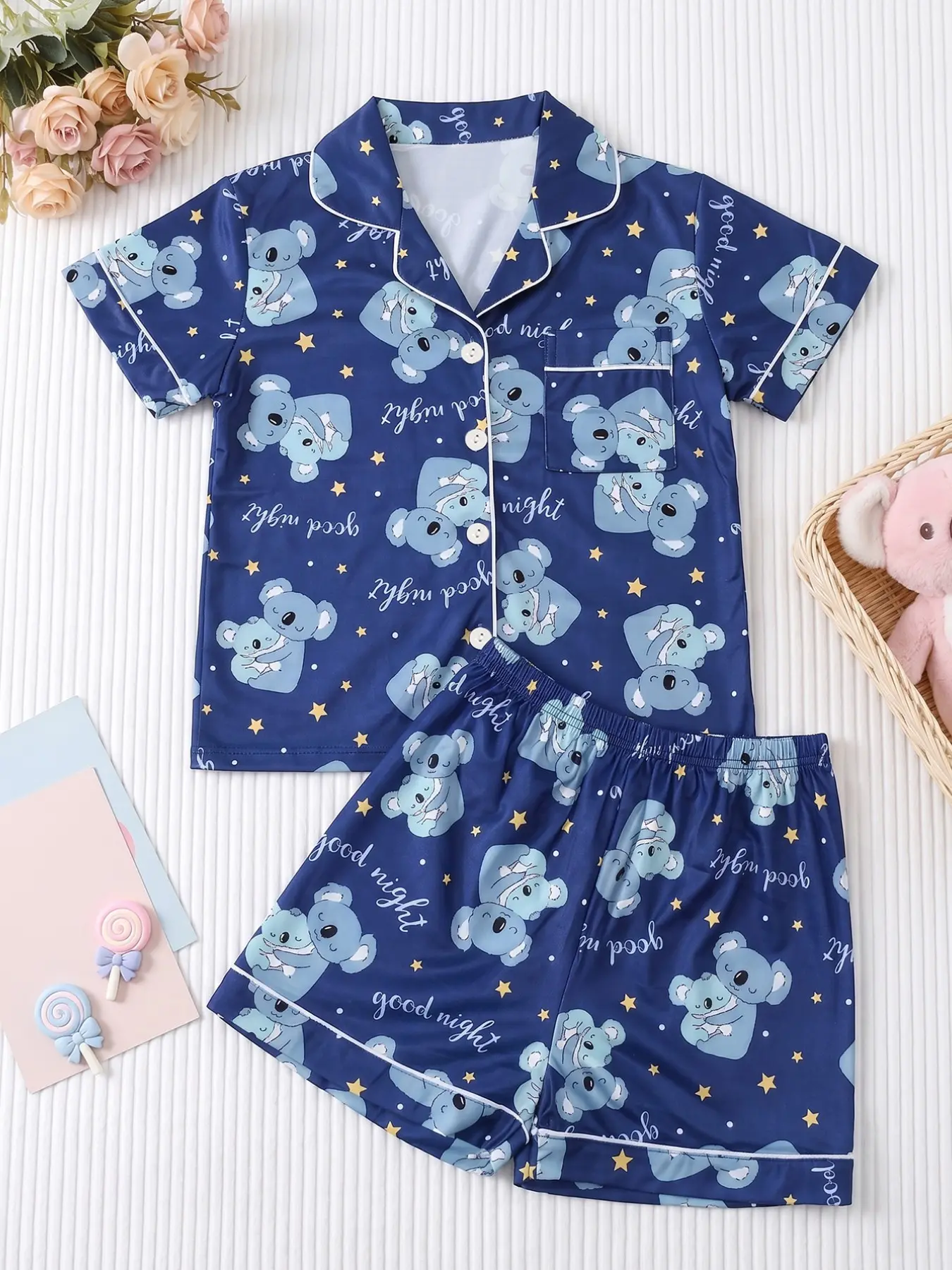 Girls' Cute Breathable Comfort Sleepwear, Short Sleeve Shorts Set, Koala Cartoon Home Wear, Summer Lightweight Pajamas