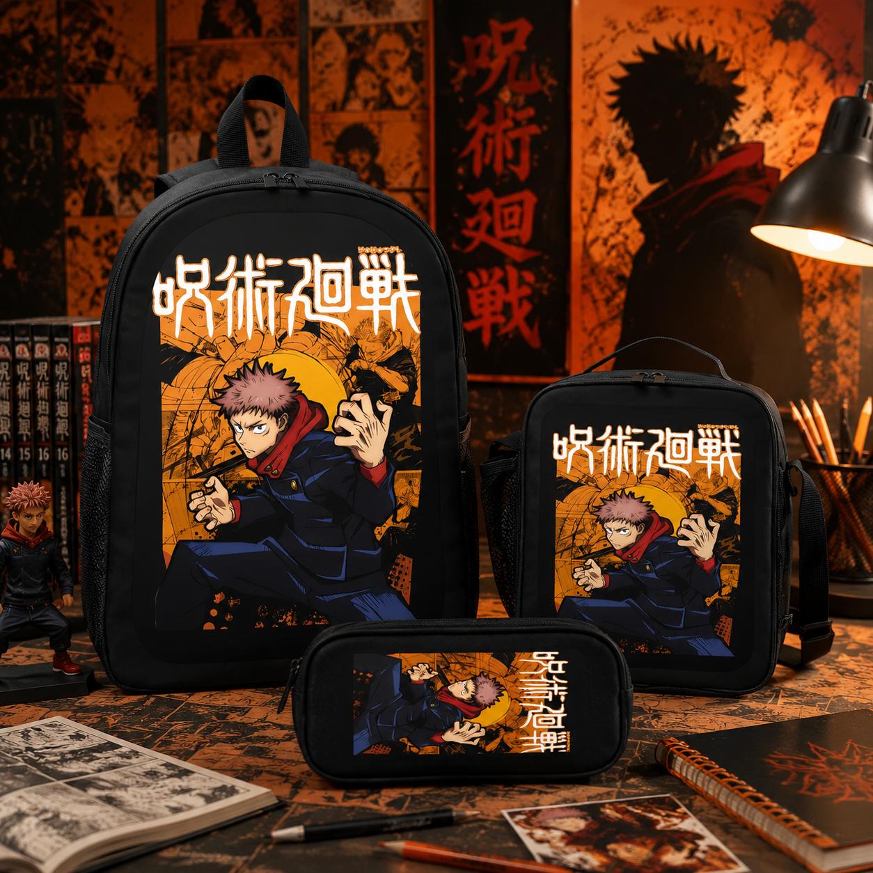 Anime Jujutsu Kaisen Itadori Yuji Print 3PCS Backpack Set with Lunch Box Pencil Case Cool Casual School Backpack Lightweight Travel Daypack for Kids Teens Anime Fans Gift Back to School Trendy TikTok Backpack Bundle Comfortable Shoulder Strap