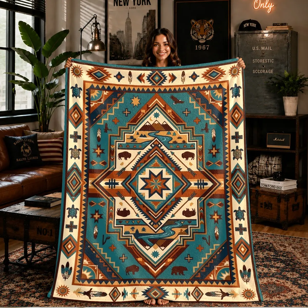 Soft American Turquoise Blue Navajo Bison Mountain Tribal Print Flannel Blanket, Bohemian Style, Warm and Comfortable