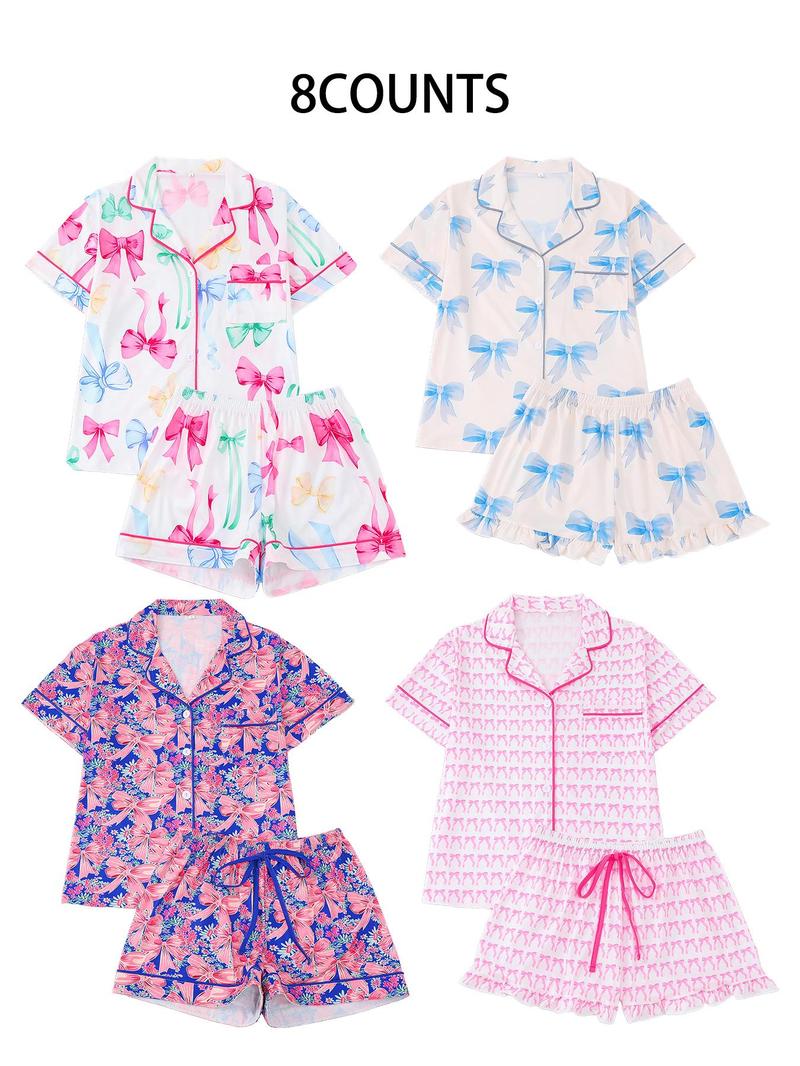 Women's All Over Print Pajama Set, Casual Comfy Short Sleeve Lapel Neckline Pocket Shirt & Shorts PJ Set, Ladies Summer Sleepwear, Sleepwear Pajamas Set