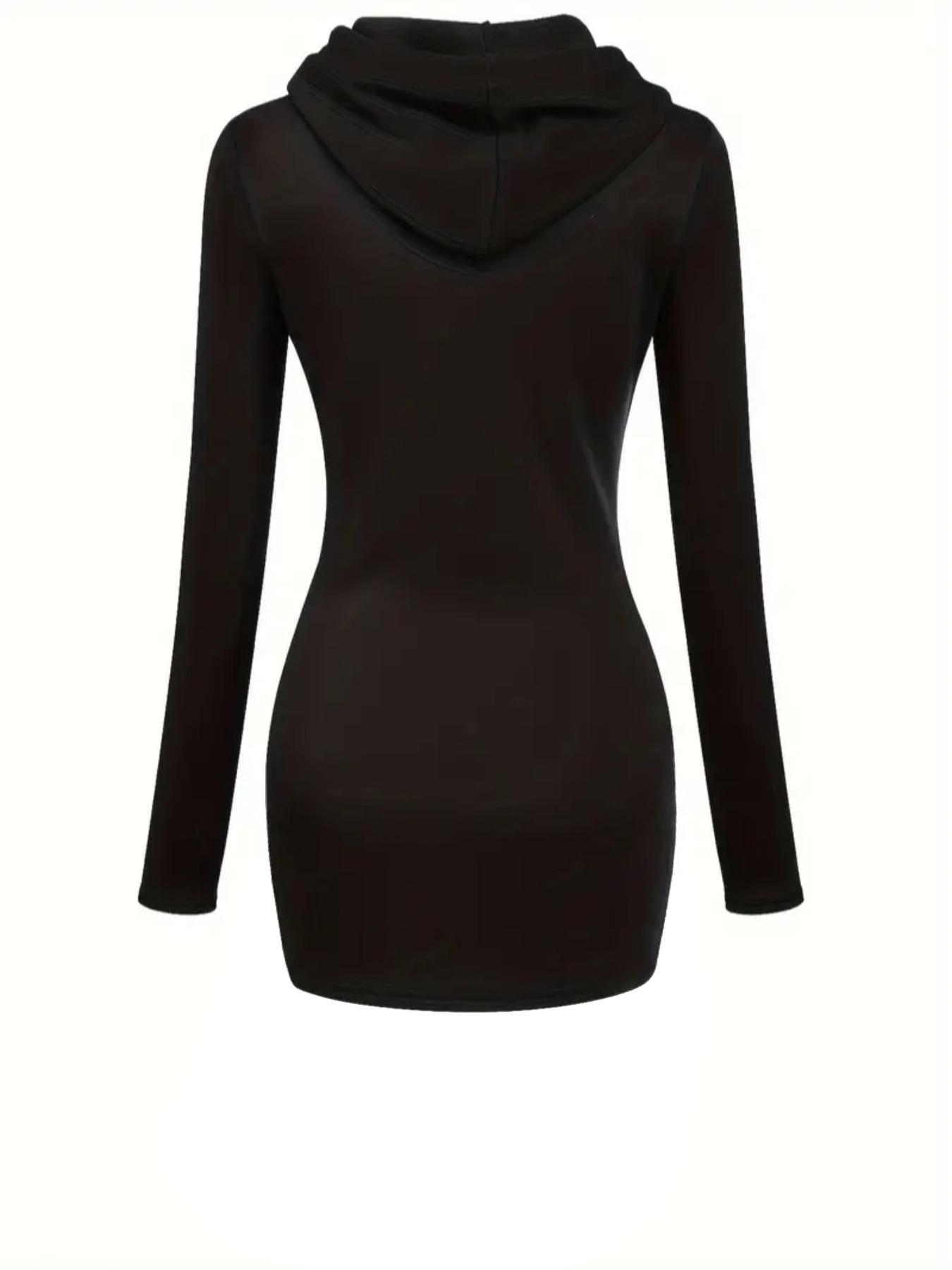 Women's Solid Drawstring Hooded Sweatshirt Dress, Casual Long Sleeve Pocket Dress for Fall & Winter, Ladies Clothes for Daily Wear, Womenswear, Fabric