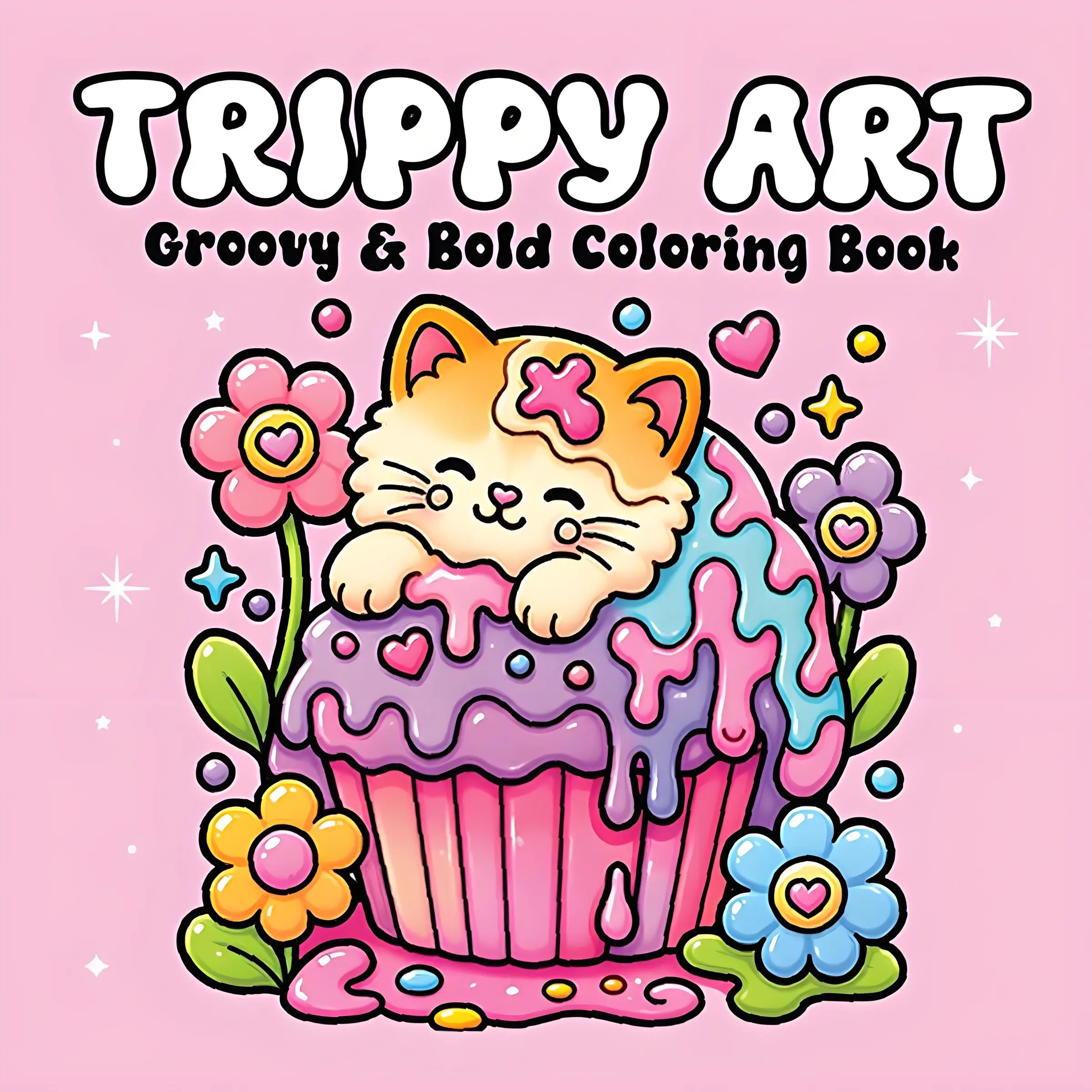 Trippy Art Groovy & Bold Coloring Book | Kawaii Trippy Cat Cupcake Groovy Floral Coloring Pages, Large Bold Line Hippie Y2K Aesthetic Coloring Book for Adults Stress Relief ASMR Anti-Anxiety Dopamine Art Gift,Cozy DIY Painting Supplies