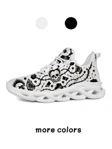 1 Pair Unisex Soft Elastic Thick Sole Cushion Sneakers, White Base with Black Red Skull Thorn Rose Print, Gothic Style Breathable Casual Sports Shoes