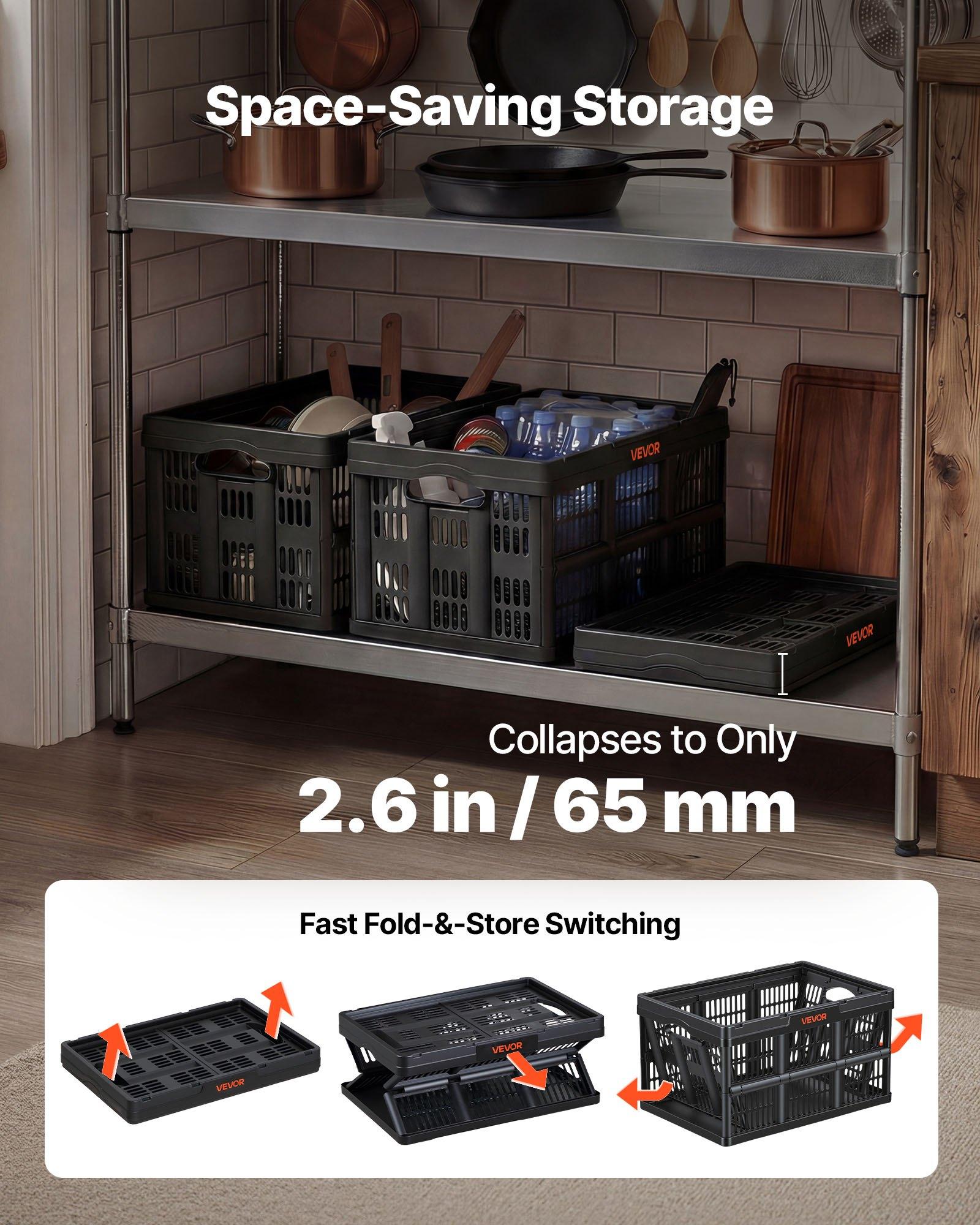 VEVOR Plastic Collapsible Storage Bins, 45L 3 Packs, Stackable Folding Storage Crates with Handles, Holds 33 lbs Per Bin, Foldable Heavy Duty Containers, Space-Saving Baskets, for Home Organizing