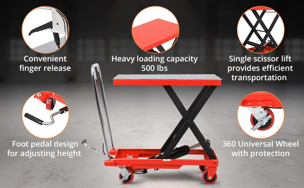 GARVEE Hydraulic Lift Table Cart 500lbs, Lift Table Capacity 28.5"Lifting Height, Manual Single Scissor with 4 Wheels and Non-Slip Pad Thickness 3mm for Material Handling and Transportation Red