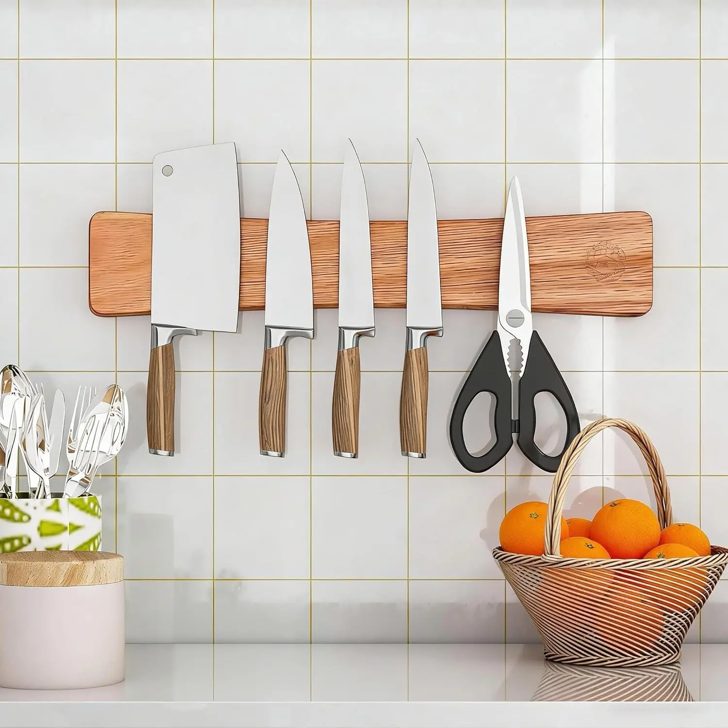 Magnetic Knife Strip, 16 Inch Oak Magnetic Knife Holder for Wall with N52 Super Strong Magnets, Premium Wooden Knife Magnetic Strip Organizer for Kitchen Knives, Tools,No Drilling