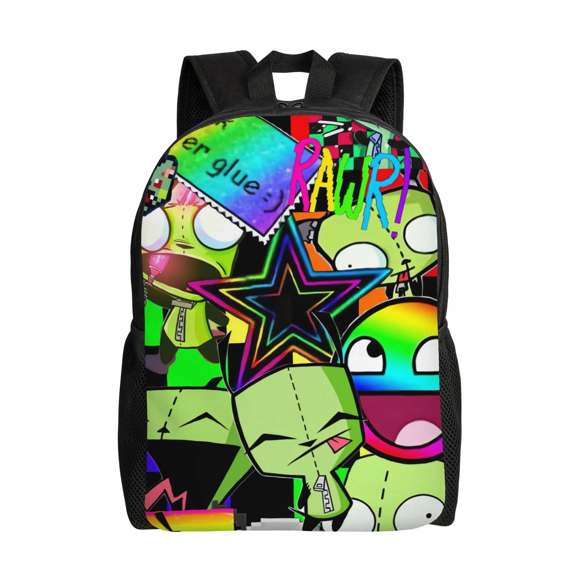 Scene Kid Invader Zim Gir Rawr Rainbow Star Backpack, Neon Colorful Cartoon Collage Print Daypack, 600D Oxford Lightweight School Bag Padded Straps Fits 15-inch Laptop, Side Mesh Pockets Washable Emo Alt Teen Backpack for Daily Travel