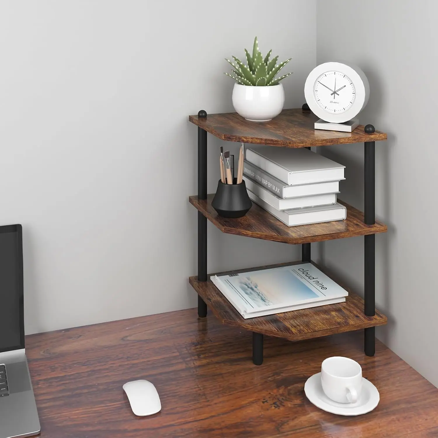 Corner Shelf Stand for Desk - 90° Corner Design to Free Up Desktop | Easy to Assemble 3-Tier Vertical Storage 15 lb Per Shelf 6.7 in Clearance for Books Coffee Mugs Supplies  Office Desks