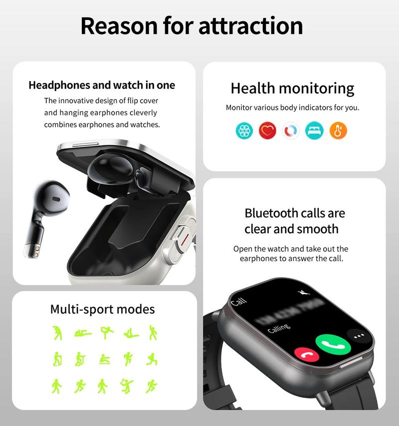Smart Watch with Earbuds, 2.01" HD Screen Fitness Watch, 2 in 1 Smartwatch with 100+ Sport Fitness Tracker, Sleep/Heart Rate/Blood Pressure Monitor Pedometer for iOS & Androd,Black
