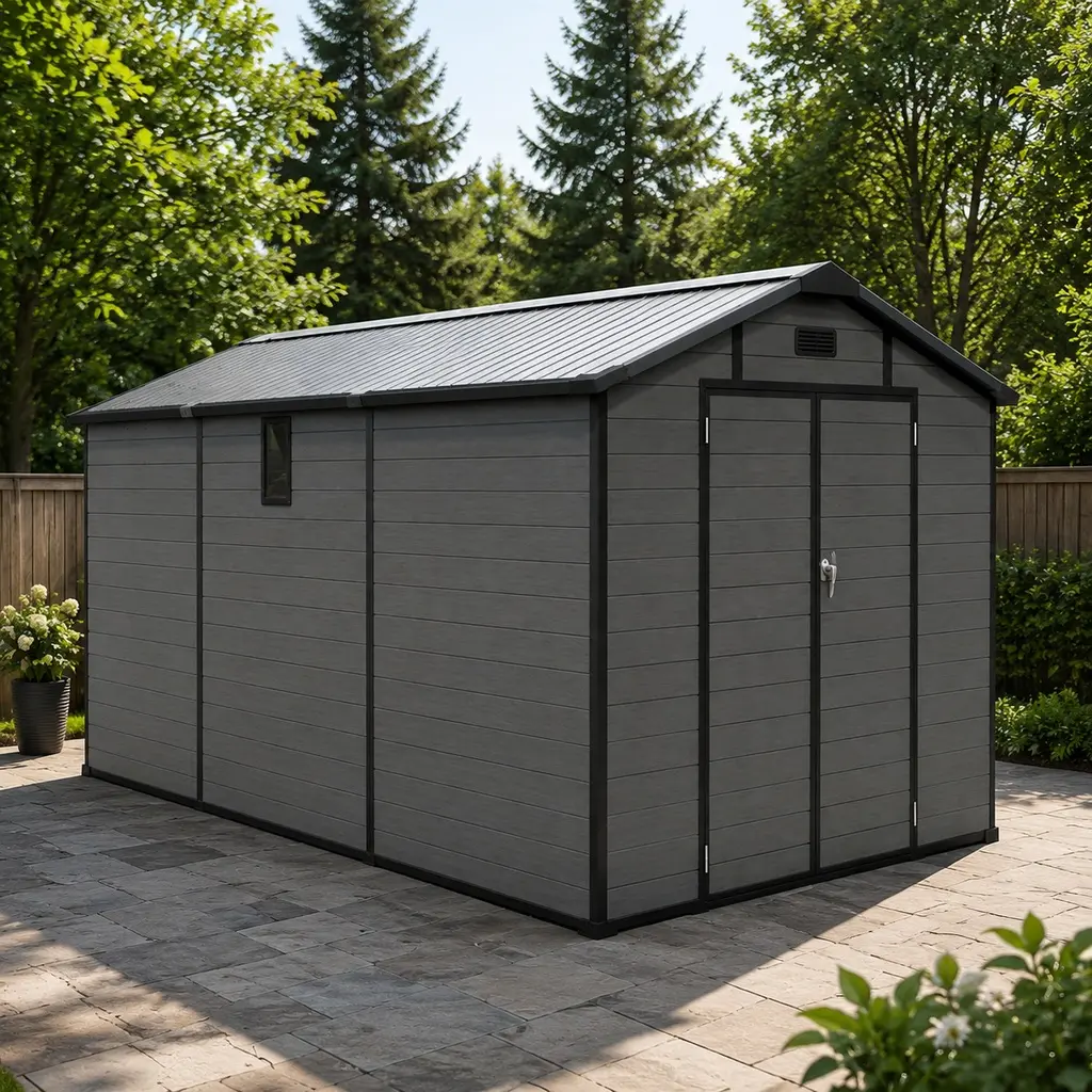 8x14 FT Plastic Outdoor Storage Shed, Lockable Resin Tool Shed with 2 Windows and 3 Air Vents, Heavy Duty Dark Gray Garden Shed for Tools, Bicycles, Pet Shelter, Workspace