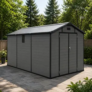 ARCH 8x14 FT Plastic Outdoor Storage Shed, Lockable Resin Tool Shed with 2 Windows and 3 Air Vents, Heavy Duty Dark Gray Garden Shed for Tools, Bicycles, Pet Shelter, Workspace