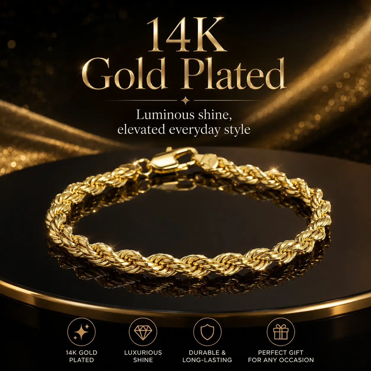 Holylegend 14K Real Gold-Plated Rope Chain Bracelet, 14K Gold Plated Diamond Cut Rope, Hip Hop Jewelry, Classic Rope Link Bracelet, Gift Ready,Father's Day Gift