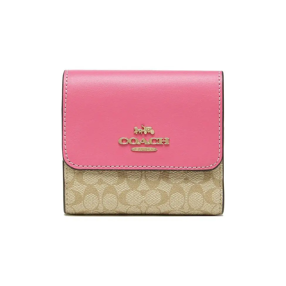 COACH Tri-Fold Wallet for Women – Classic Logo Print, Coated Canvas and Leather, Khaki and Pink