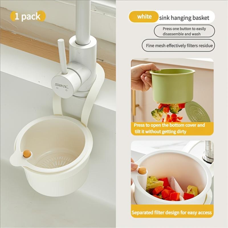 Multi-Function Hanging Kitchen Sink Basket with Button Drain and Storage Design, Easy One-Second Installation, Durable Plastic for Kitchen and Bathroom Organization, Hangable Filter, Kitchen Sink Strainer