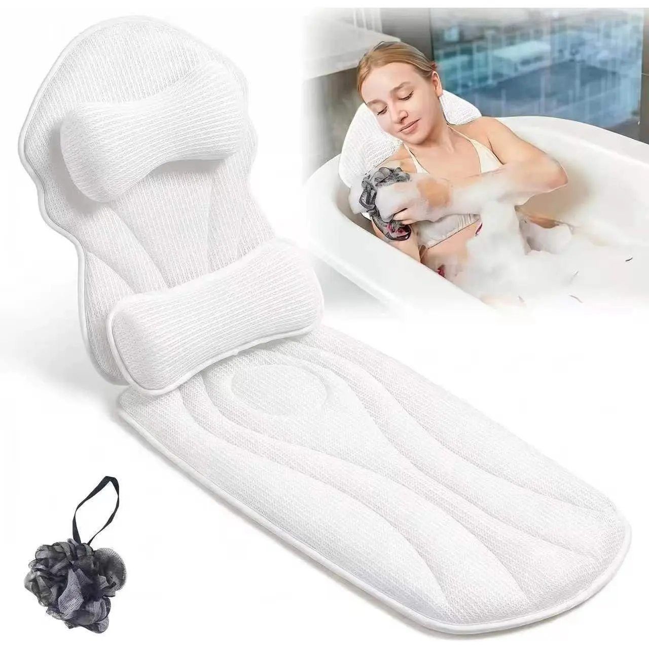 Full  Bath Pillows for Tub Luxury Bathtub Pillow Cushion for ,,& Support Thick Tub Pillow for Bathtub for Women Soft 5D Air Mesh Mat 12 Non-Slip Power Suction Cups (White)