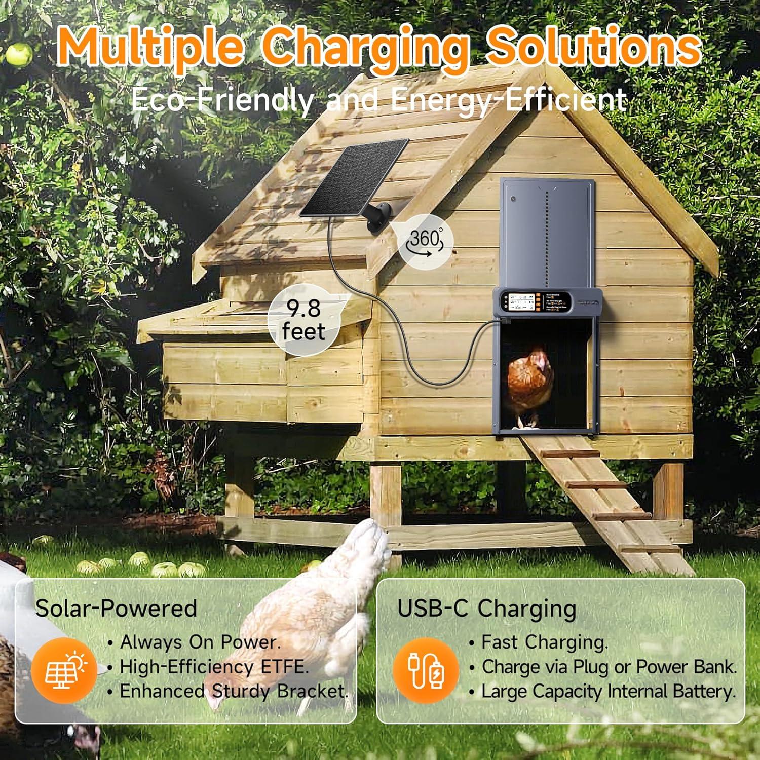 Automatic Chicken Coop Door Solar  with Timer, Light Sensor, Remote Control, Large Size, 4 Open Modes, Anti-Pinch, Weather Proof, Aluminum Coop Door, LCD Screen, Comfort Larger Size