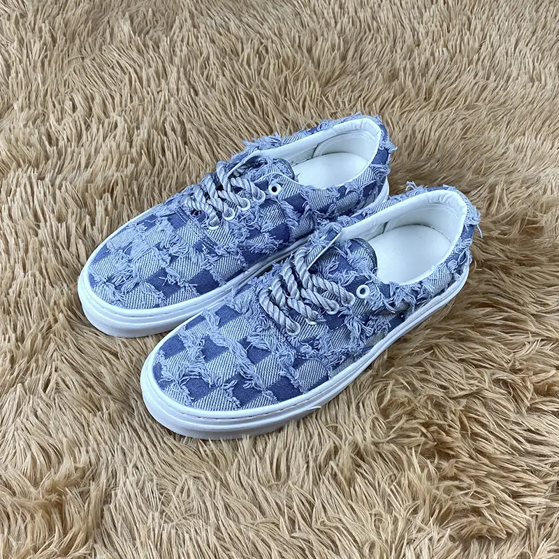 Light Blue Checkered Distressed Fringe Denim Low Top Platform Sneakers for Men and Women, Matching Gray Thick Twisted Rope Laces, Y2K Grunge Retro Casual Skate Board Shoes.