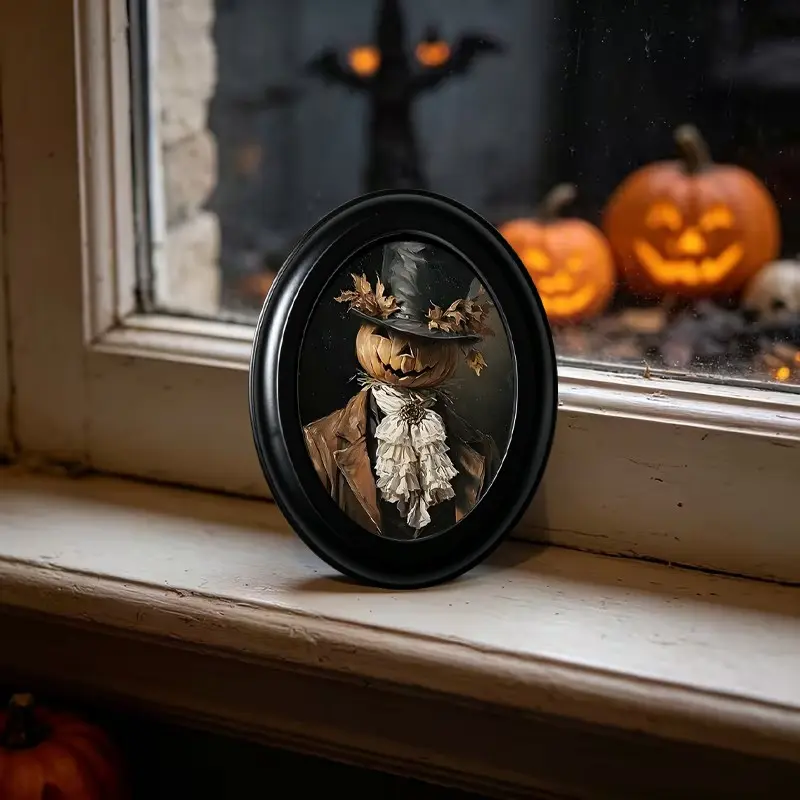 Vintage Oval Victorian Art Wall Decor（6.8 * 8.7inch）, Black Framed Pumpkin Scarecrow Gentleman Portrait Painting, Gothic Spooky Halloween Fall Wall Hanging, Dark Academia Home Ornament for Living Room, Bedroom, Cottage