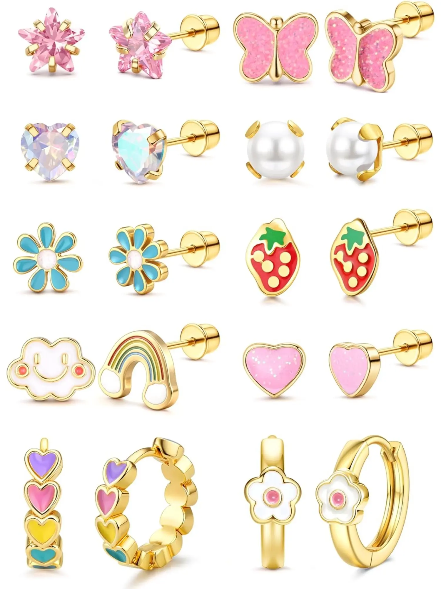 10 Pairs Earrings for  Women Hypoallergenic Earring Stainless Steel Earrings Set Cute Screwback Studs CZ Heart Flower Butterfly Rainbow Kids Earrings