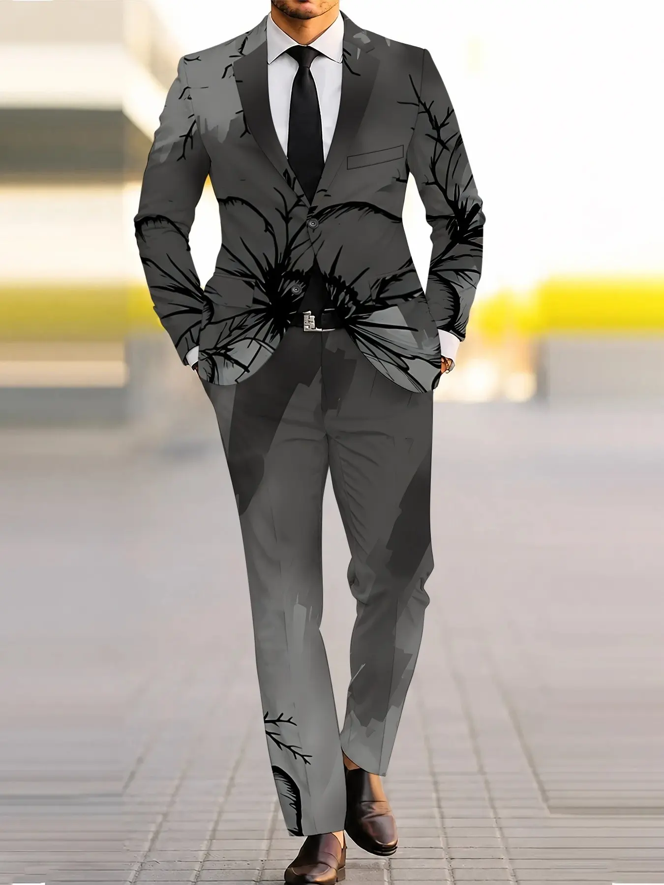 Men's Ink Wash Floral Print Blazer Set, Two-Piece Suit with Matching Pants, 3D Digital Printing, All Over Print, Slim-Fit, Evening Wear, Party
