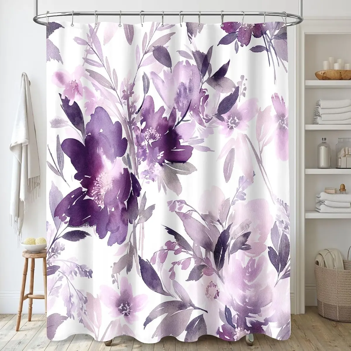 Purple Floral Shower Curtain, Watercolor Lavender Flower Shower Curtain for Bathroom, Modern Abstract Ink Decorative Fabric Shower Curtain