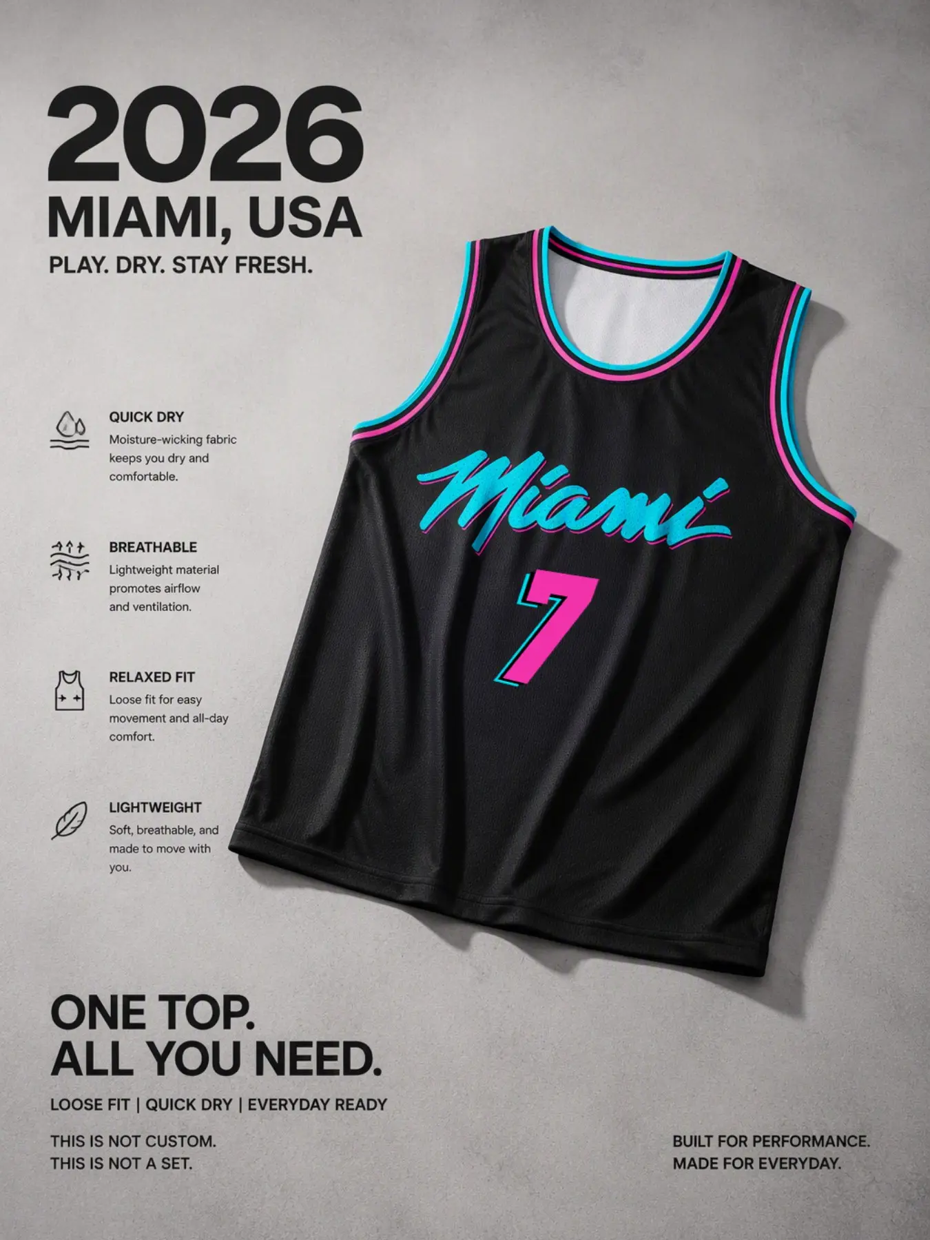 Men's Miami Letter Print Sleeveless Basketball Jersey, Mesh Vest, Trim, Sporty Loose Fit, Streetwear, Training, Casual