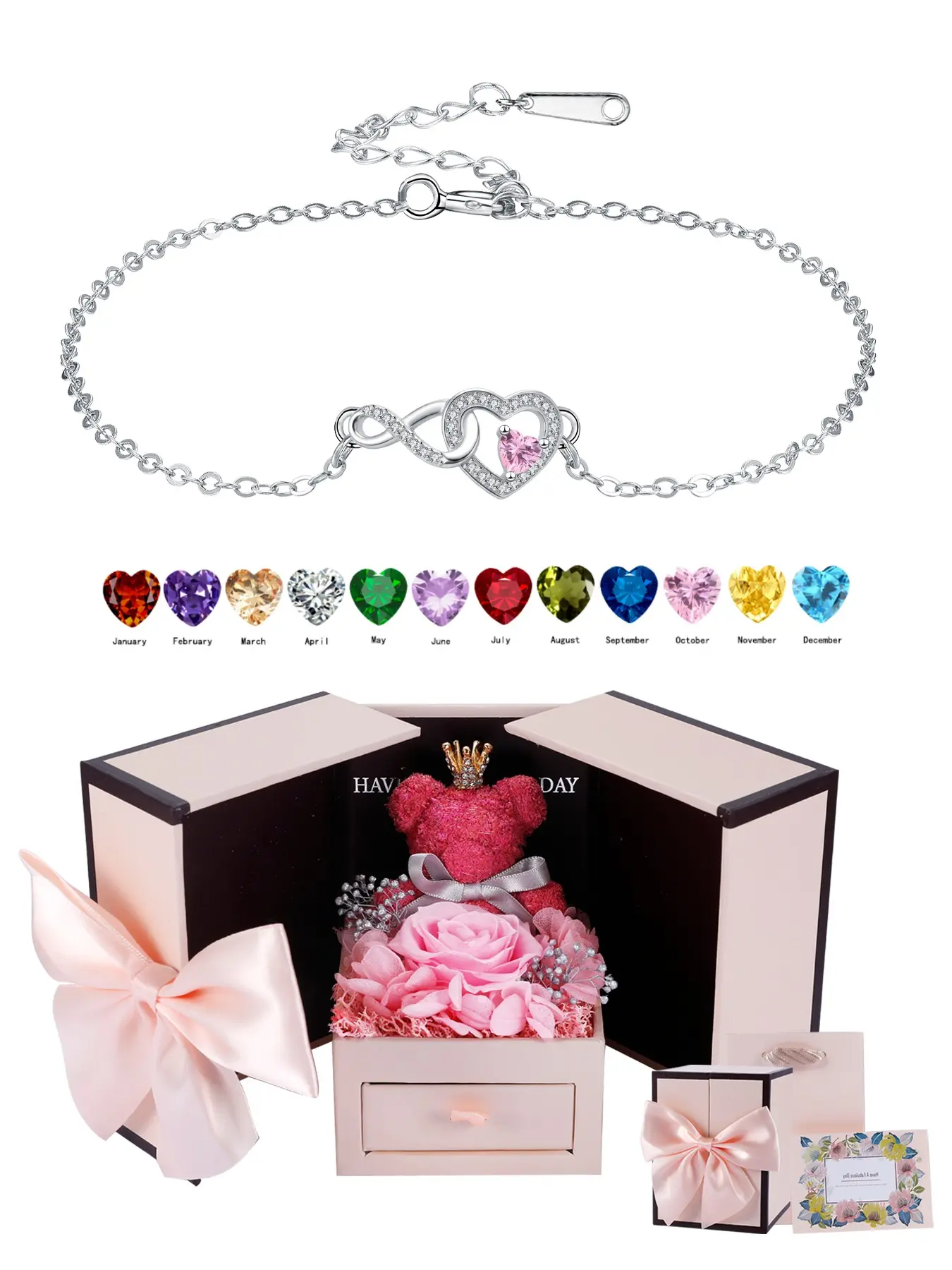 Infinity Heart Shaped Link Cubic Zirconia Birthstone Chain Bracelet With Moss Bear Rose Jewelry Gift Box, Love Symbol Dainty Jewelry Gift for Her, Birthday Jewery Gift for Wife Mom Girlfriend, Heart Bracelets