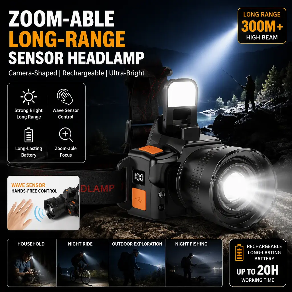 Rechargeable Camera‑Shaped Sensor Headlamp, Super Bright Zoom‑Adjustable Long‑Range Head Light, Long‑Lasting Battery for Home, Night Riding, Exploration and Night‑Fishing Outdoor Trips