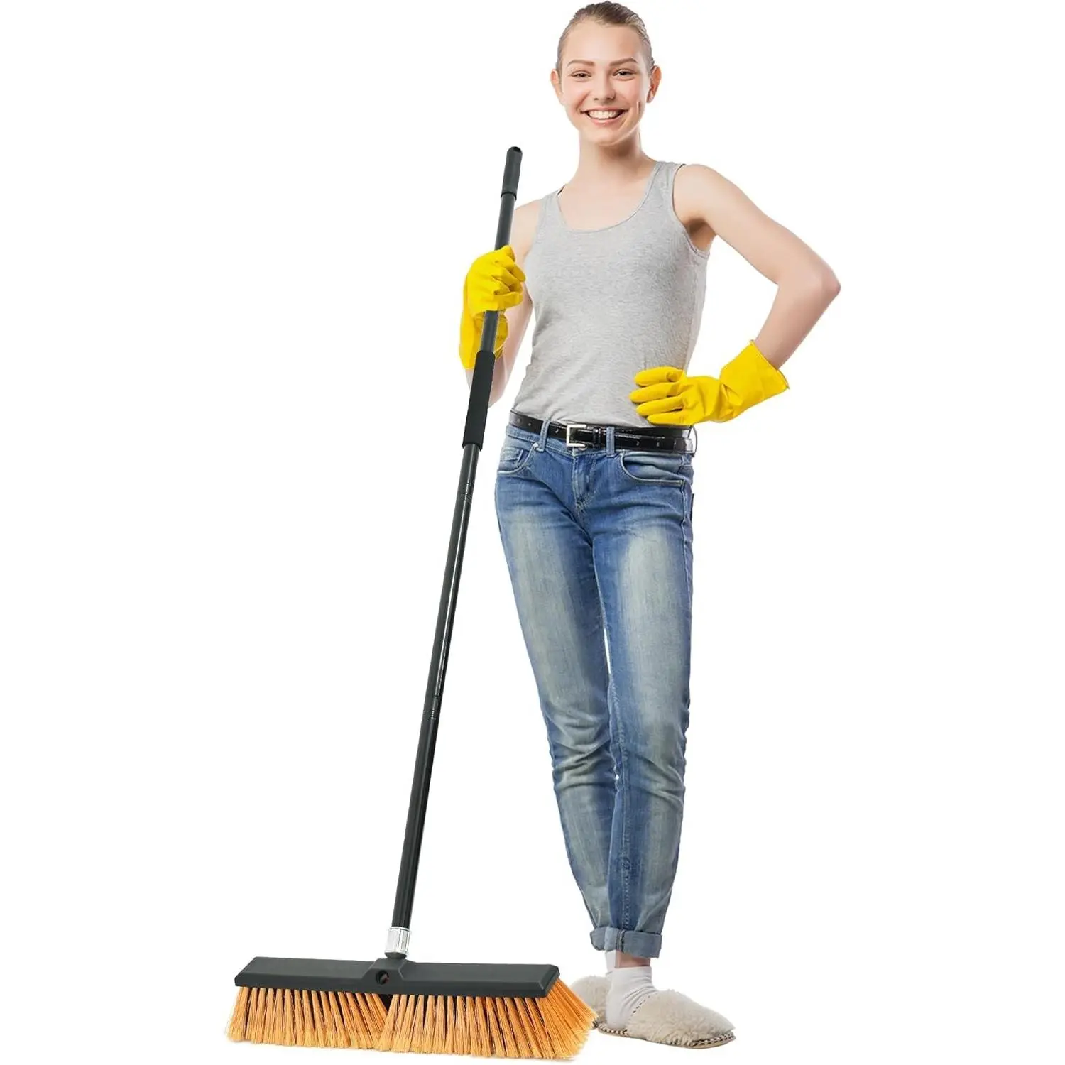 Heavy-Duty 18in Push Broom Tool, Outdoor Cleaner with 60in Long Handle for Garage Shop, Indoor Tile or Patio Floor Cleaning