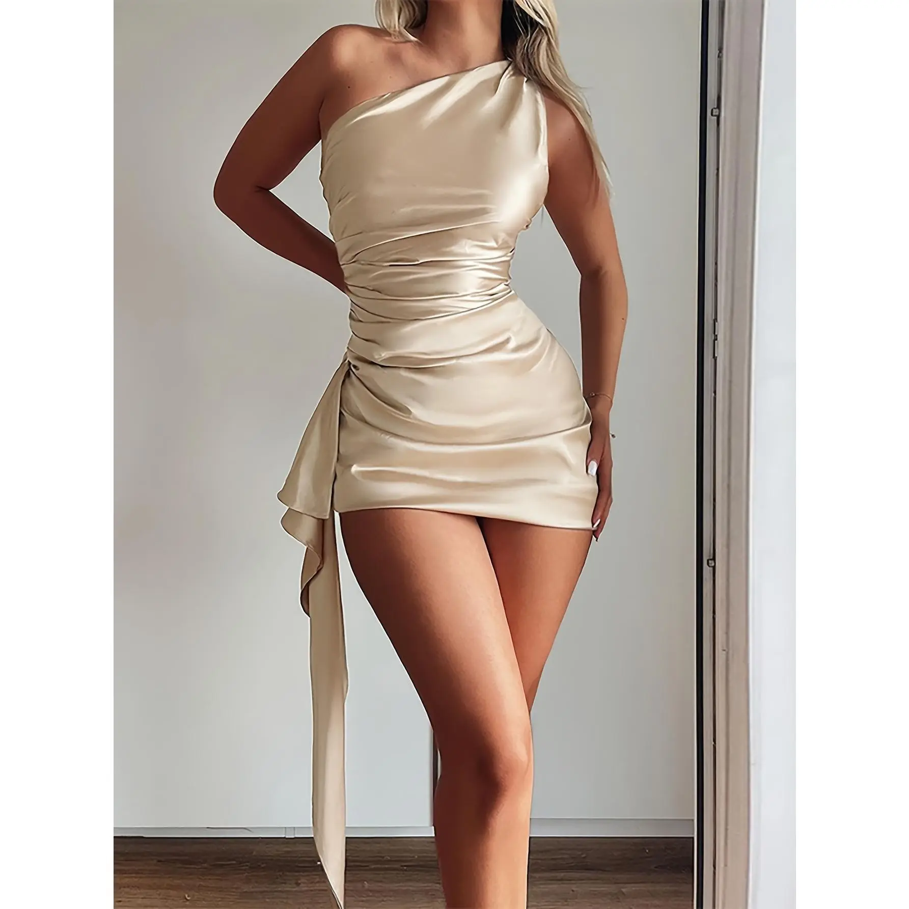 Women's New Arrival Lustrous Satin Bodycon Sport Dress - Off-Shoulder European-Inspired, Sleeveless, Slim-Fitting Formal Sportswear, Bodycon Dress
