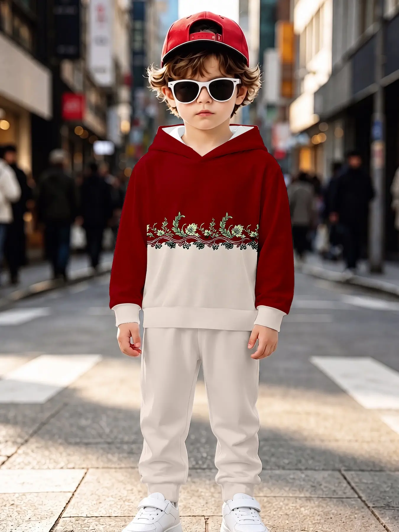 Vintage Leaf Floral Boy Sweatshirt and Solid Long Pants Set, Casual Loose-Fit for Fall & Winter, Kids Fashion Ensemble