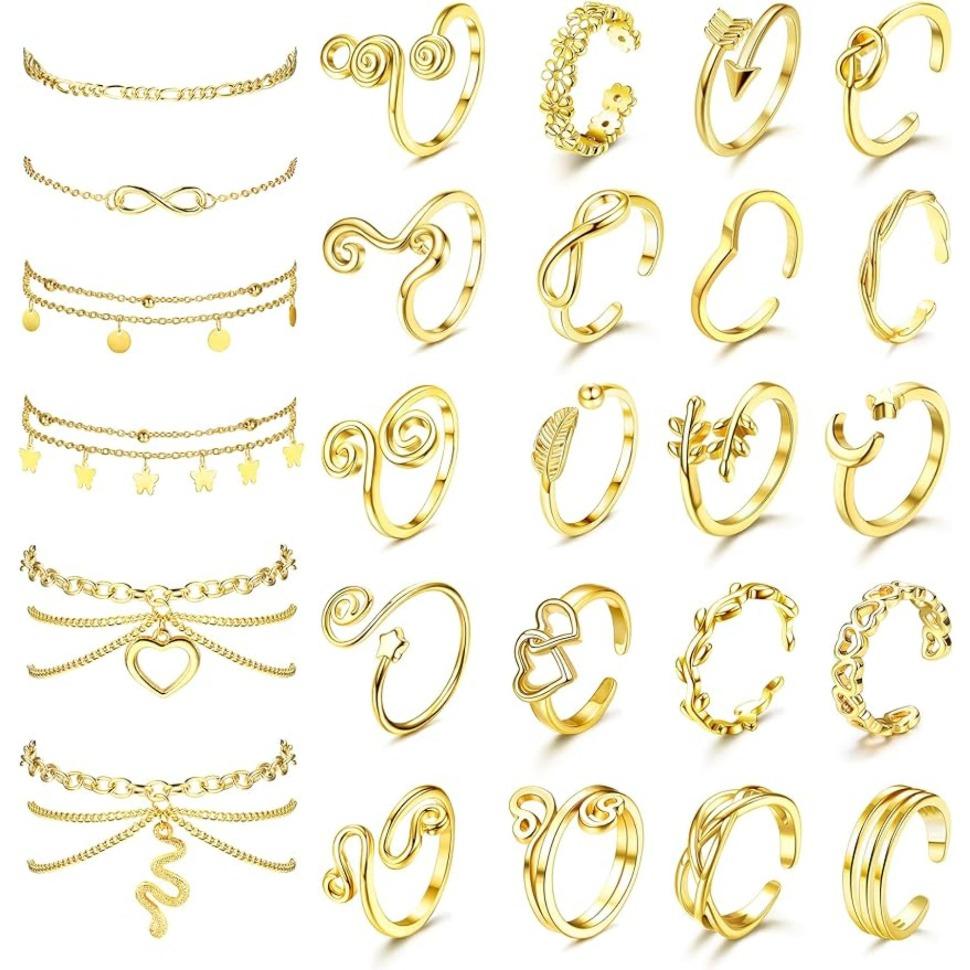 Jstyle Toe Rings and Ankle Bracelets for Women Silver Rose Gold Plated Anklet Toe Rings Cute Layered Anklets Open Tail Rings Adjustable Beach Foot Jewelry for Summer Daily