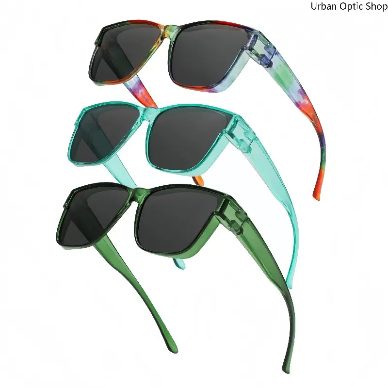 3pcs Funky Flip Up Fit Over Sunglasses, Transparent Tie Dye Green Frame, UV400 Dual Use Wear Over Myopia Glasses, Glamorous Stylish Accessories, Womens Sunglasses for Driving, Outdoor Use, Unisex, Cute, Elegant, Trendy Sunglasses