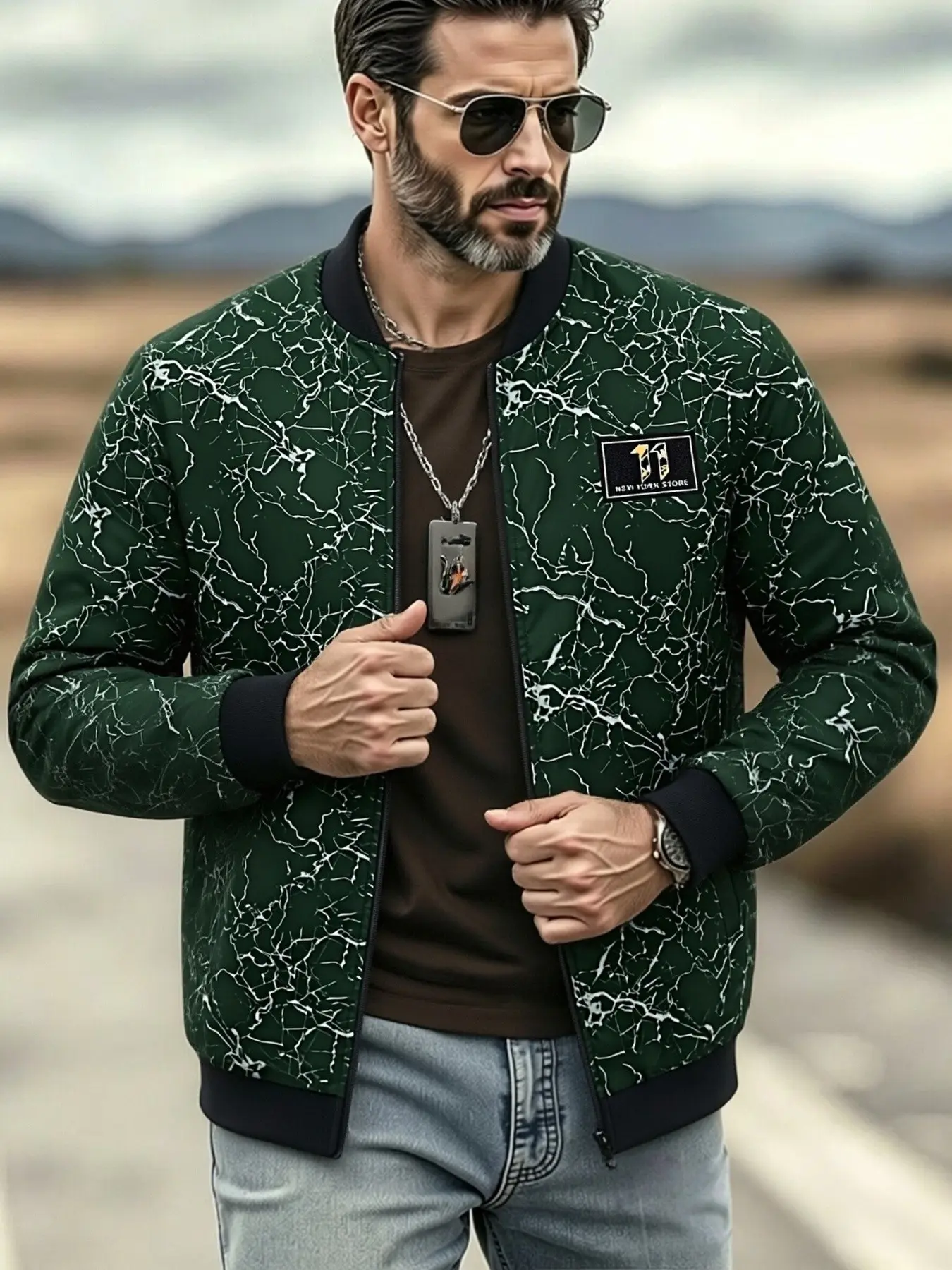 Men's Marble Print Pilot Jacket, Zipper College Style Baseball Coat, Casual Streetwear, Windproof Lightweight Outerwear, Outdoor Activities