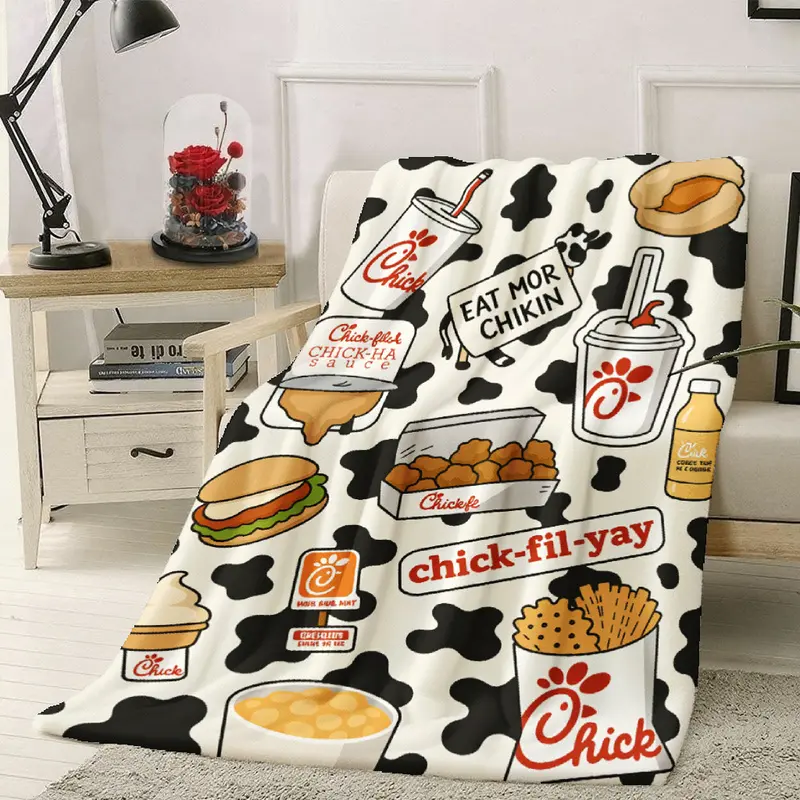1pc Chick fil A Themed Flannel Blanket | Lightweight Durable Acrylic Throw with Iconic Menu Print, Chicken Nuggets, Fries, Milkshakes, All Season Bedspread, Couch Cover, Ideal Gift for Fans, 280GSM