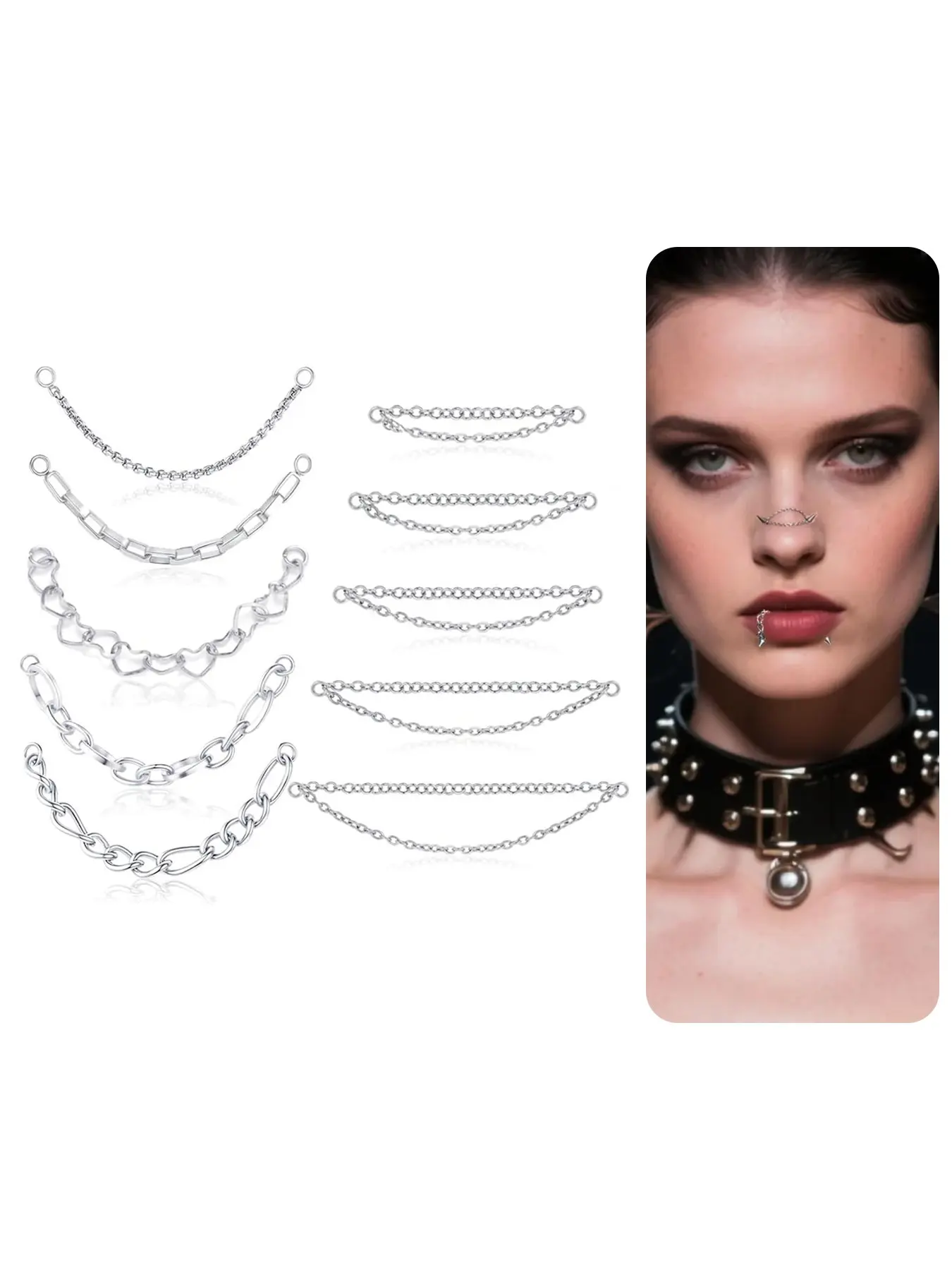 10Pcs Nose Rings Chain Stainless Steel Heart Double Nose Chains Double Nose Pierced Jewelry Nostril Piercing Jewelry for Women Men Silver Tone 32/35/38/40/45/50mm