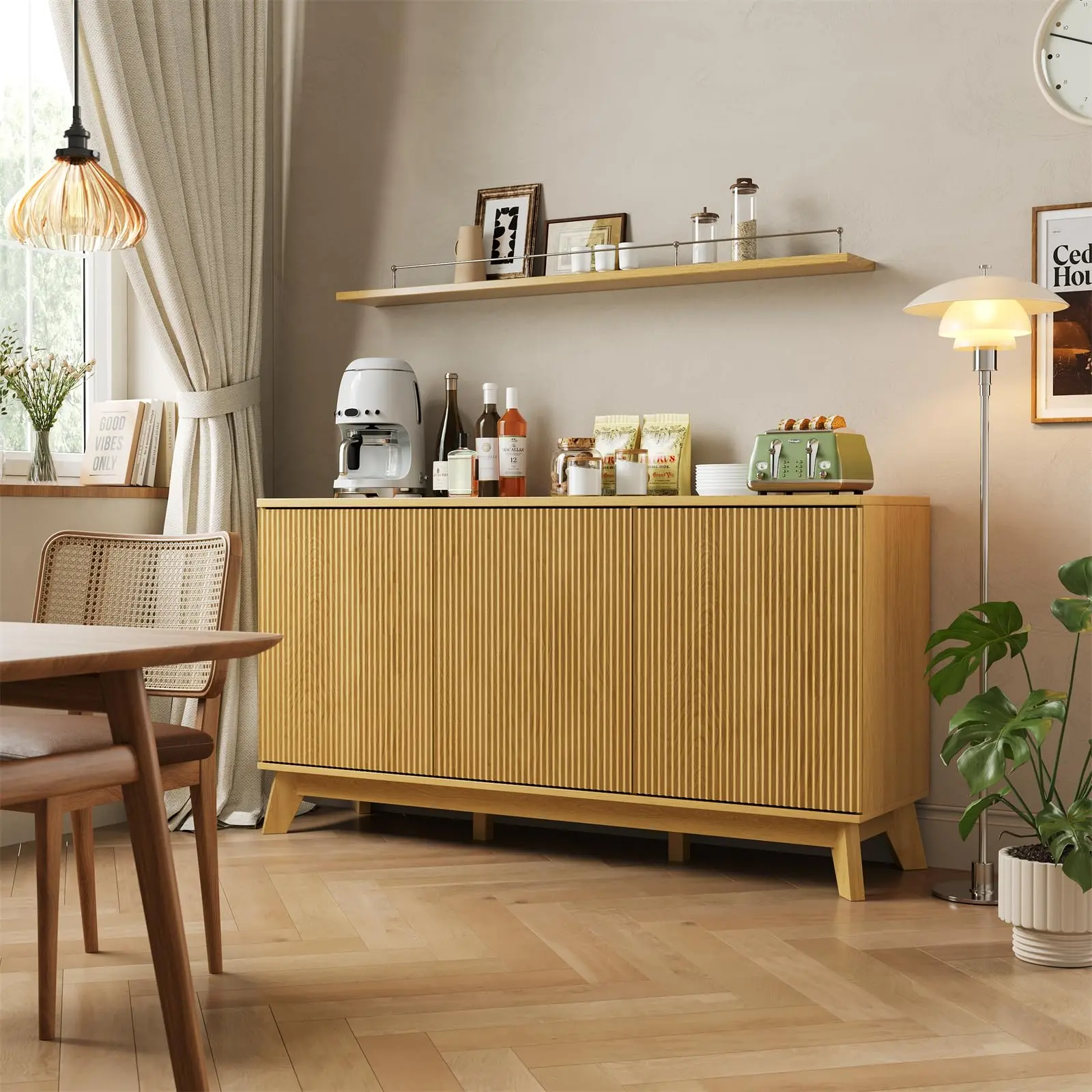Garvee 58"  Fluted Sideboard Buffet Cabinet with 3 Doors & Adjustable Shelves – Farmhouse Curved Wood Console Table, Coffee Bar Storage Cabinet Cupboard for Dining & Living Room