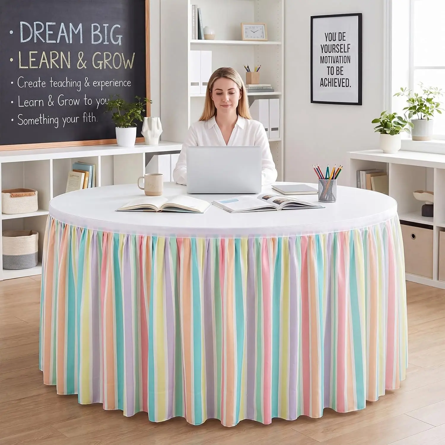 Teacher Desk Skirt Tablecloth, Classroom Decoration, Back-To-School Supplies, School Theme Party Items, Teacher Birthday Decor, Macarons Design, 1pc