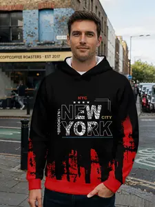Men's Hoodie with Red Ink Wash New York City American Style 3D Digital All-Over Print. The vivid full-print design stands out for daily street looks and music festival outfits, making it an ideal holiday gift for men.