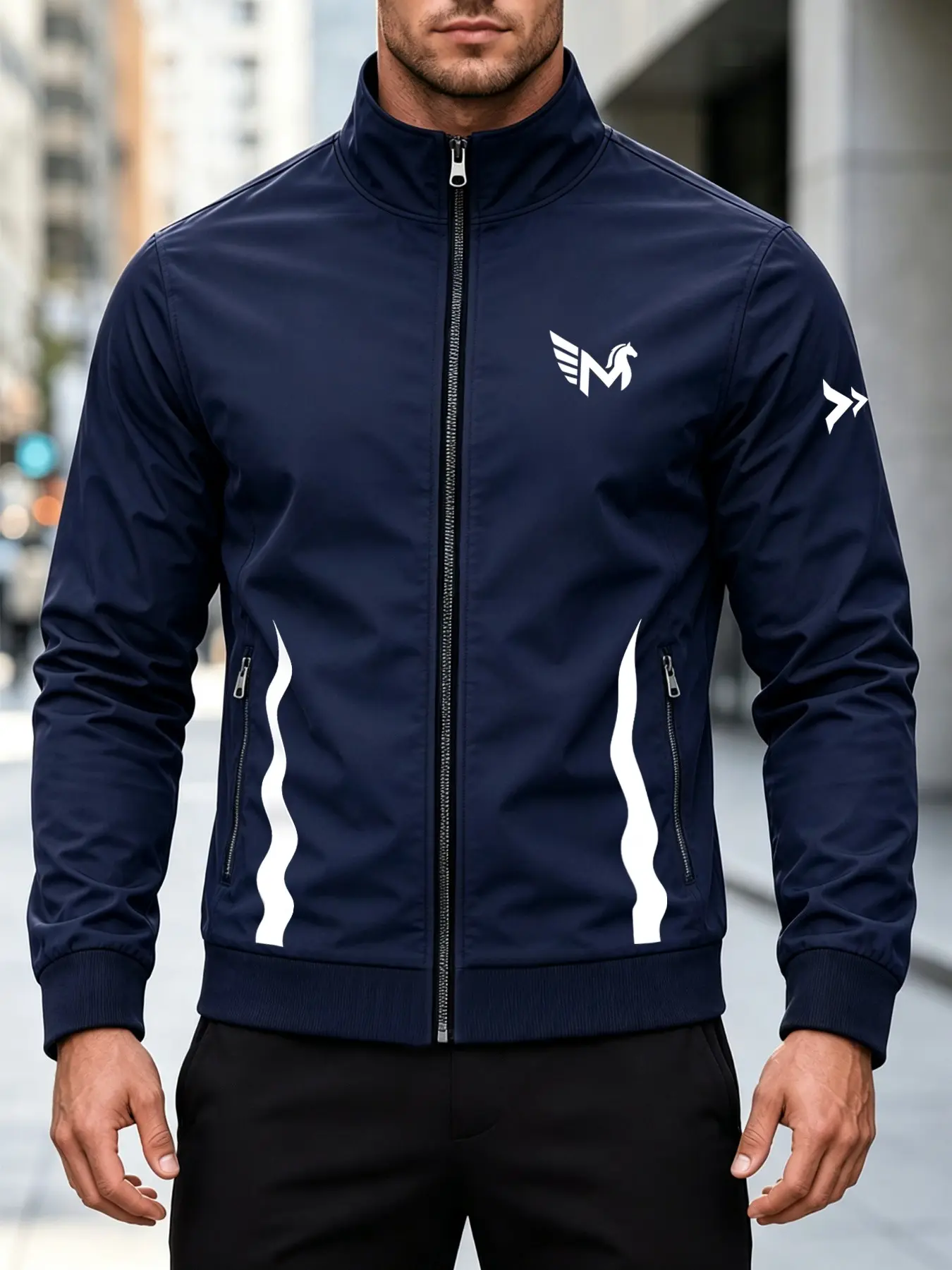 Men's Stand Collar Sport Jacket, Wing Letter Horse Print, Lightweight Wrinkle-Resistant, Breathable Windproof, Fall Winter Casual
