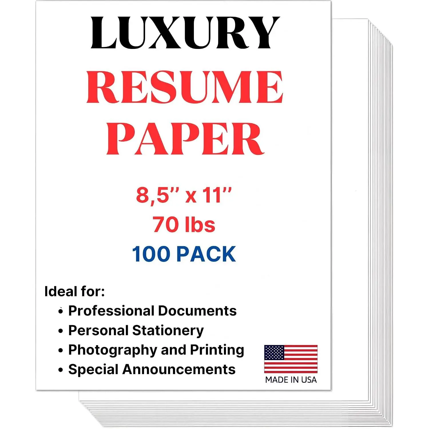 Luxury Resume Paper, 70lb Bright White 8.5"x11" Printing/Writing Paper with Smooth Finish for Modern Crisp Text, 100 Sheets Compatible with Inkjet Printers, Ideal for Resumes, Letterhead