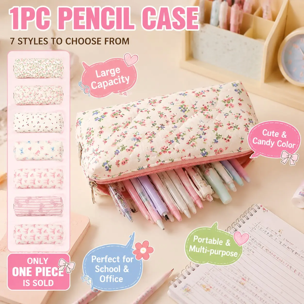 Floral Heart Butterfly Pencil Case, Large Capacity School Supplies Organizer, Cute Print Stationery Bag, Ideal for Students and Office Use