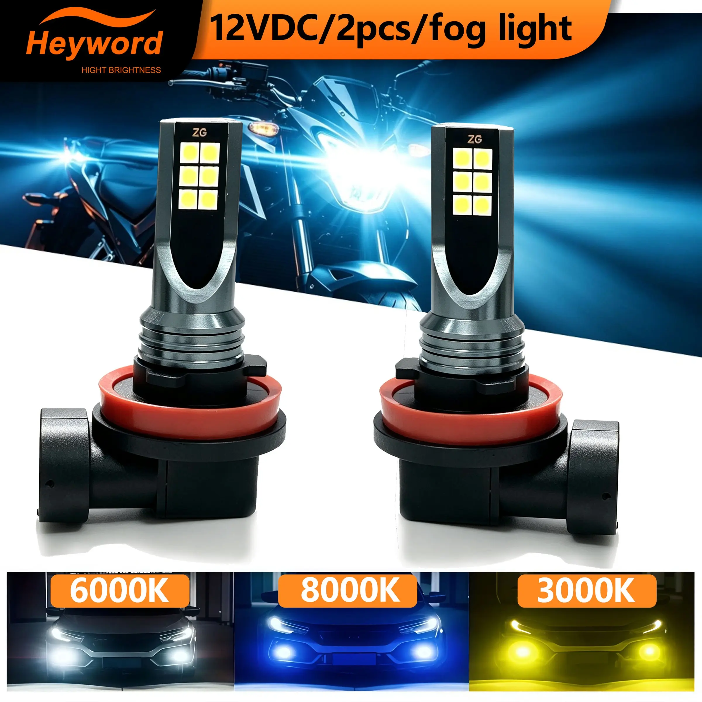 Heyword 2 Pack Multicolor Csp LED Fog Bulbs, 3030 12smd Chips, 3 Tone Lights, Plug-And-Play Fit, Fits H1-H11, 9005 Hb3, 9006 Hb4